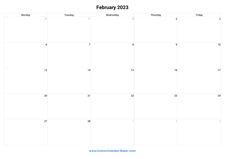 February 2023 calendar with 5 days per week