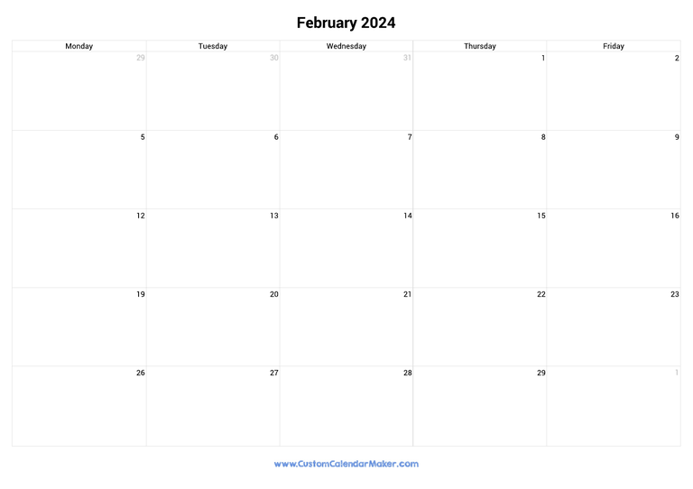 February 2024 calendar with 5 days per week
