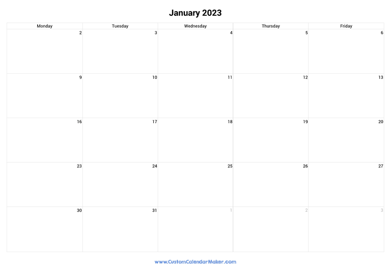 January 2023 calendar with 5 days per week