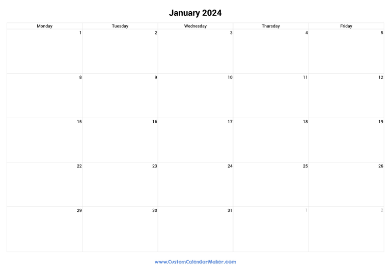 January 2024 calendar with 5 days per week
