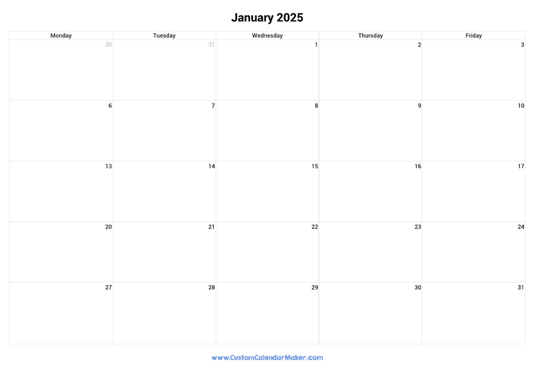 January 2025 calendar with 5 days per week