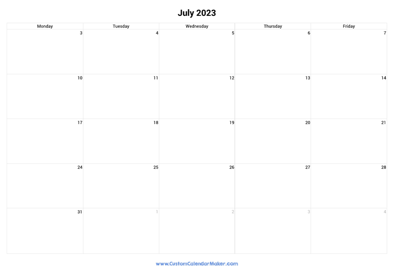 July 2023 calendar with 5 days per week