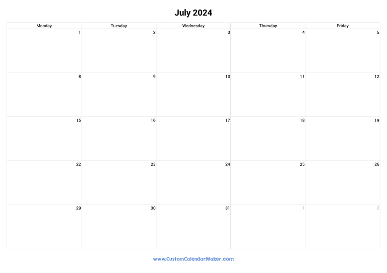 July 2024 calendar with 5 days per week
