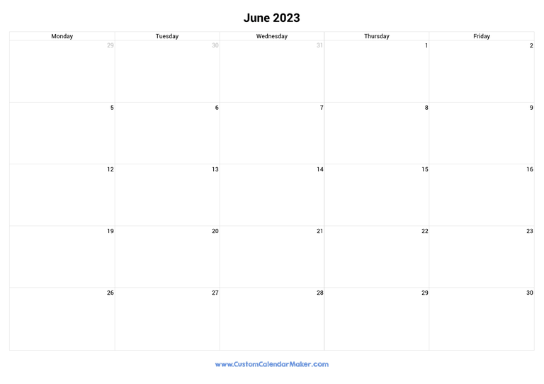 June 2023 calendar with 5 days per week