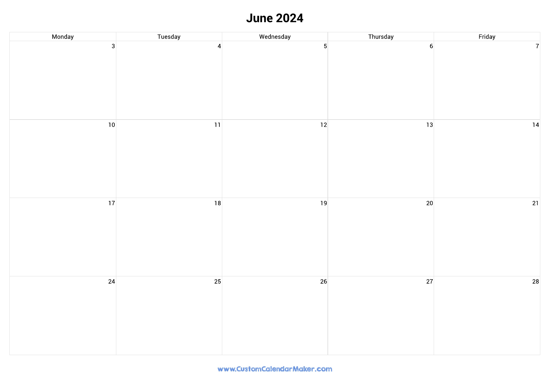 June 2024 Calendar Weekdays Only Monday to Friday
