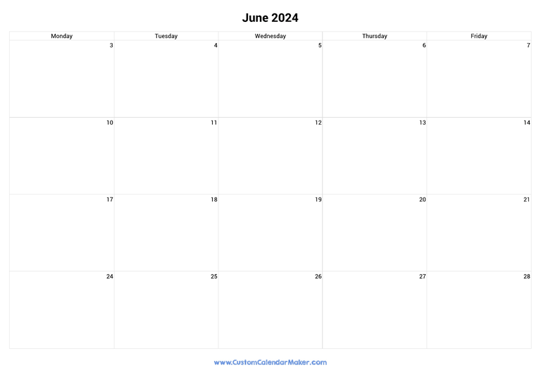 June 2024 calendar with 5 days per week
