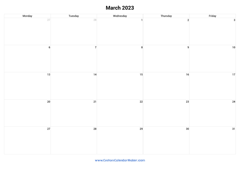 March 2023 calendar with 5 days per week
