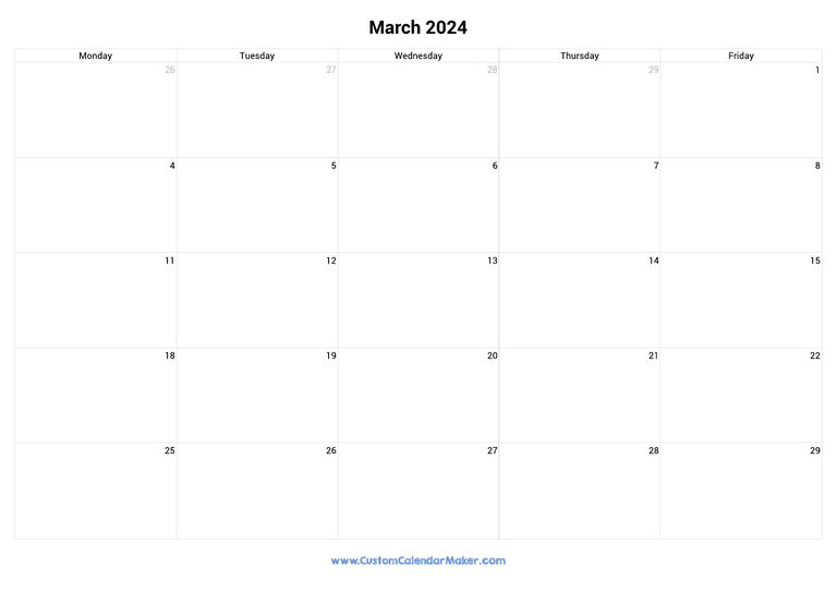 March 2024 calendar with 5 days per week