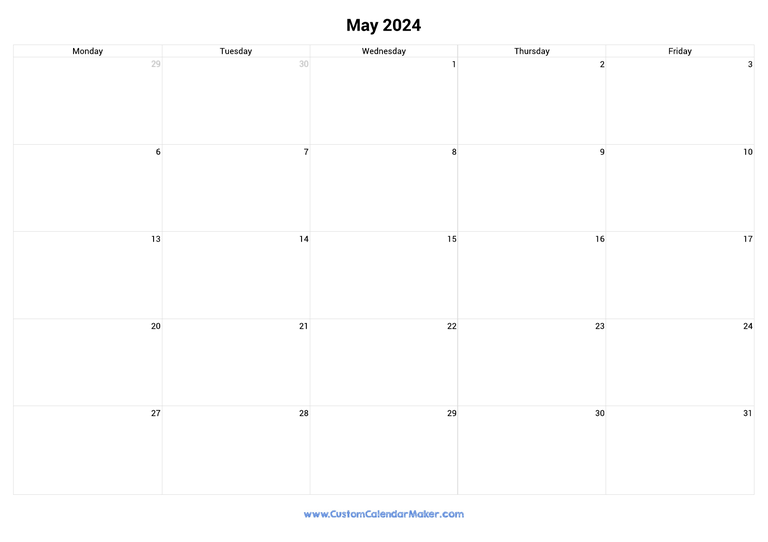 May 2024 calendar with 5 days per week