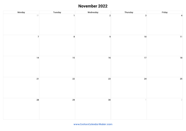 November 2022 calendar with 5 days per week