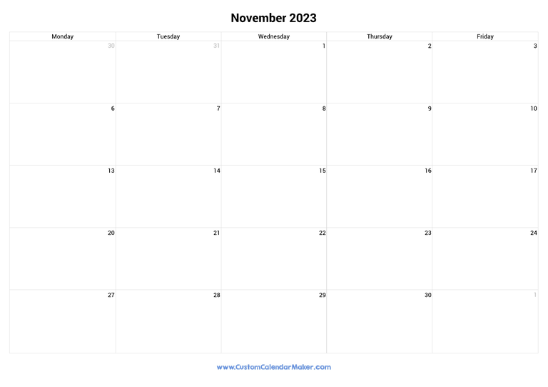 November 2023 calendar with 5 days per week