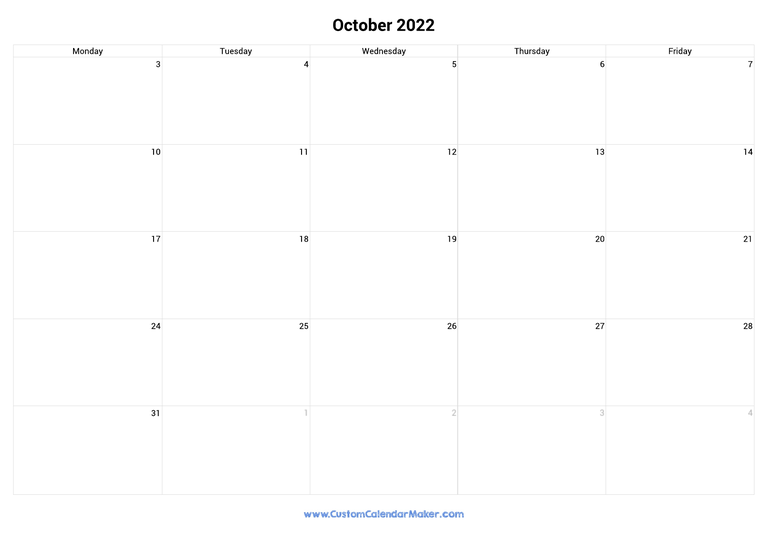 October 2022 calendar with 5 days per week