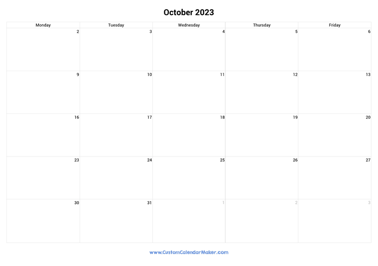 October 2023 calendar with 5 days per week