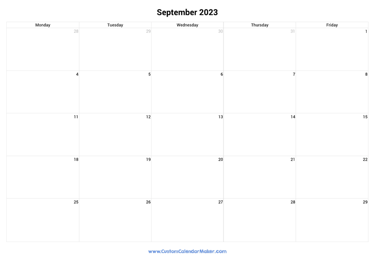 September 2023 calendar with 5 days per week