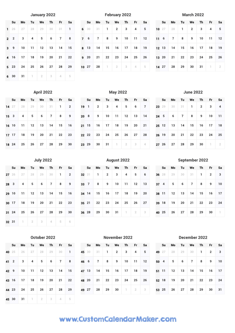 Week Numbers Calendar 2022