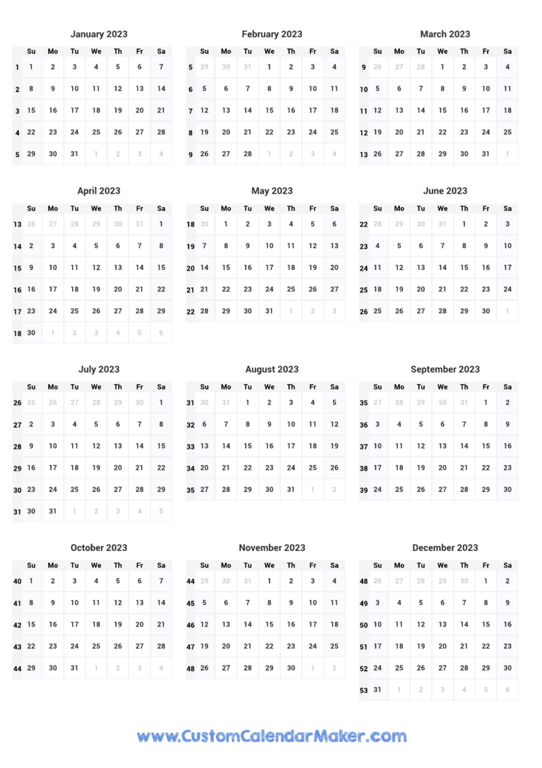 Week Numbers Calendar 2023