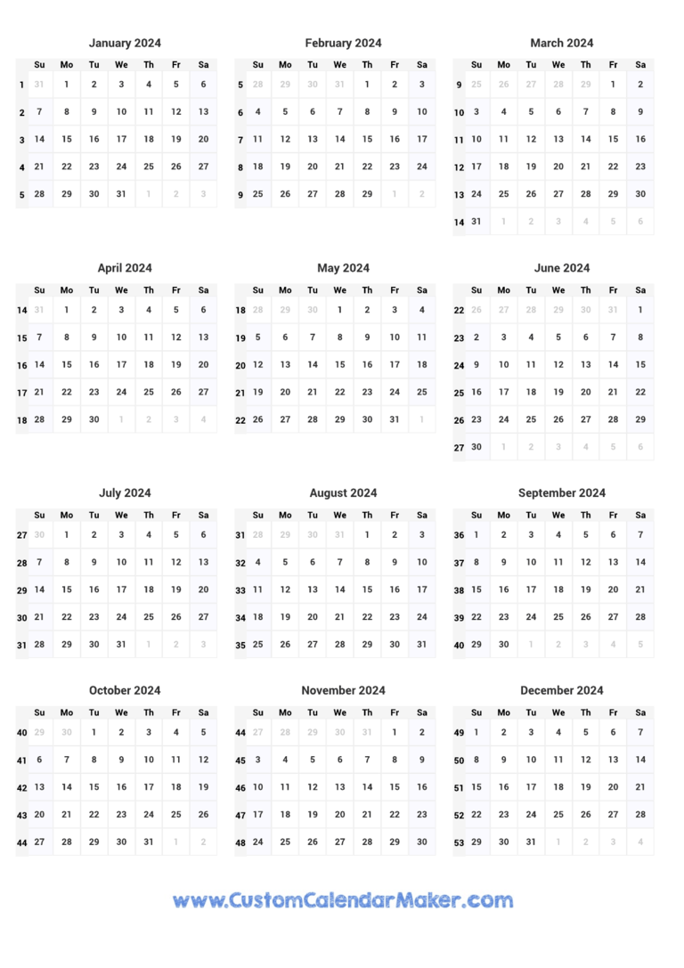 Week Numbers Calendar 2024