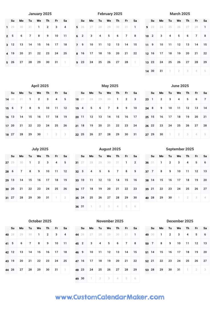 Week Numbers Calendar 2025