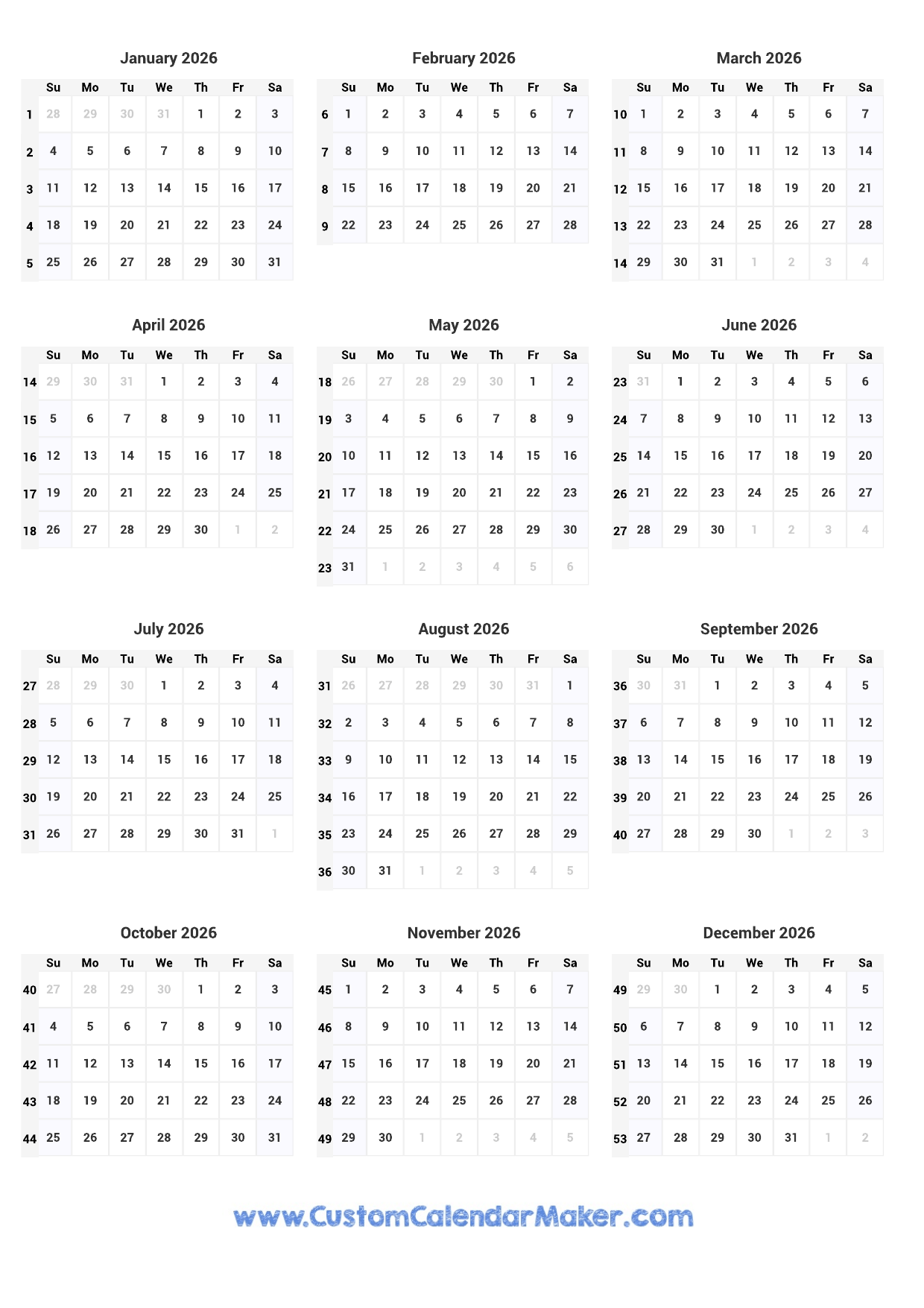 2025 And 2026 Calendar With Week Numbers